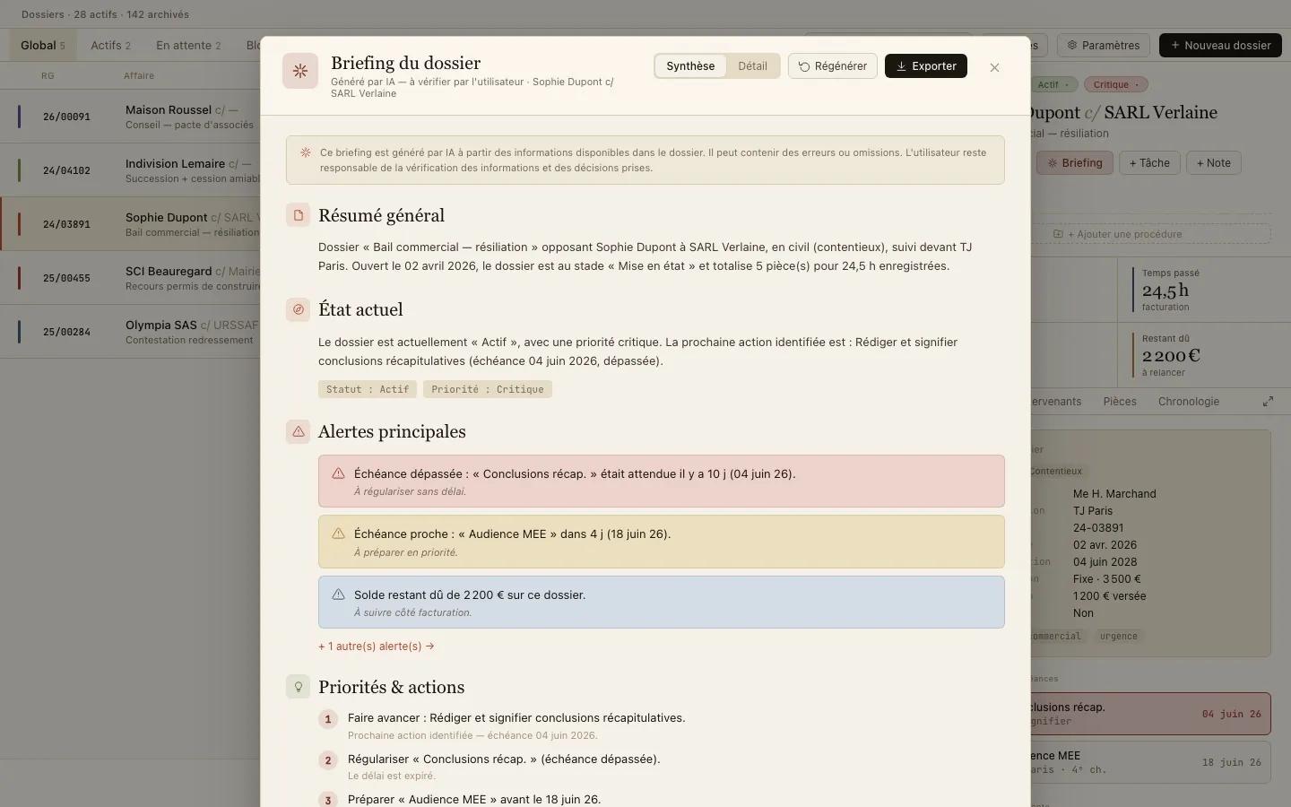 Le briefing IA d'un dossier généré par Lyra : résumé, alertes et priorités.